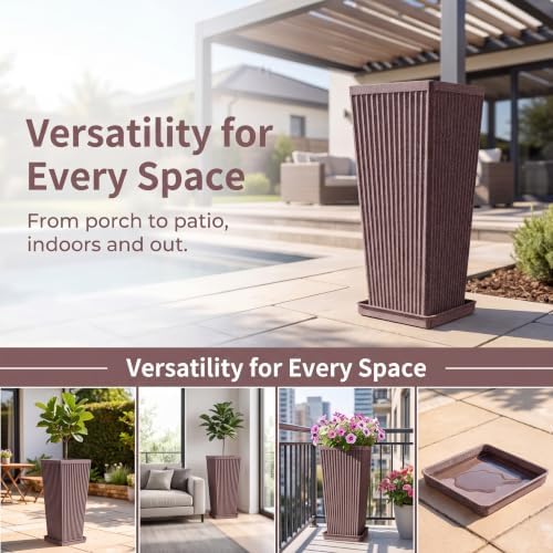 24" Tapered Tall Planters for Outdoor Plants with Tray&Shelf, Brown - Image 5