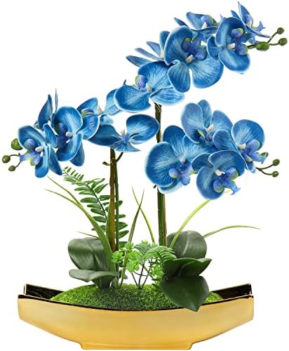 Briful Orchids Artificial Flowers 15" Blue Phalaenopsis Faux Orchid with Gold Pots Fake Orchid Fake Plant for Home Office Bedroom Christmas Table Wedding Party Decor by Briful