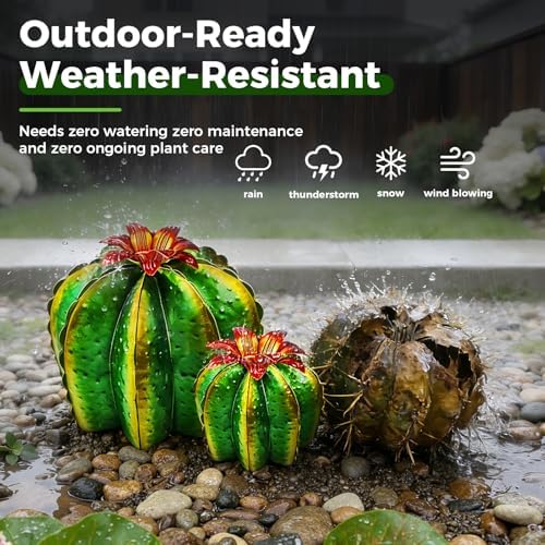 KODIBO Metal Cactus Outdoor Decor, 3-Pack Fake Barrel Cactus Sculptures - Image 3