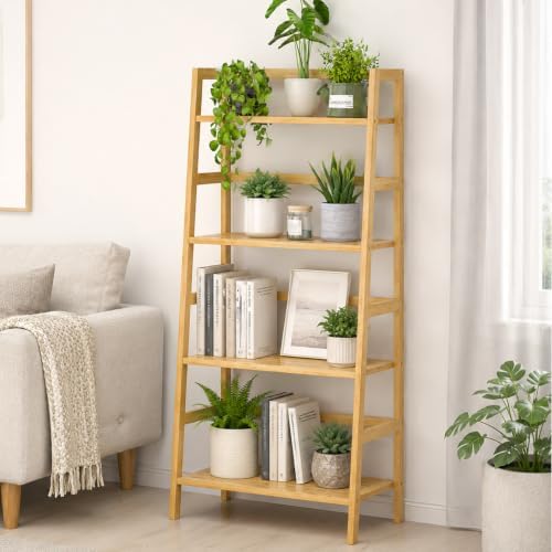 Bamboo Ladder Shelf, 4-Tier Wooden Ladder Bookshelf & Bookcase Organizer by Homykic