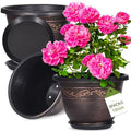 Plastic-Plant-Flower-Planters-12 Inch with Drainage Hole & Saucer, 3 Packs Lightweight Small Resin Flower Pot Indoor Outdoor, Retro Antique Imitation Decorative Garden Containers Sets for Houseplants by Pottiffe