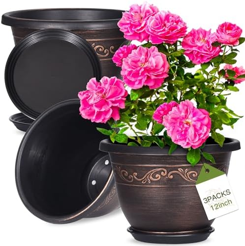 Plastic-Plant-Flower-Planters-12 Inch with Drainage Hole & Saucer, 3 Packs Lightweight Small Resin Flower Pot Indoor Outdoor, Retro Antique Imitation Decorative Garden Containers Sets for Houseplants by Pottiffe