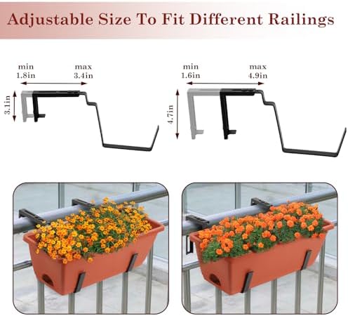 OYEAL Hanging Flower Pots for Railing Fence Outdoor Window Boxes Planter with Adjustable Hooks, Set of 2 Deck Rail Planters with 6 Detachable Plastic Planter Boxes, Drainage Holes, Brick Red - Image 5