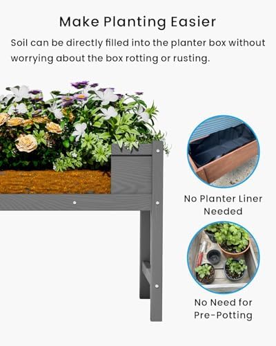 Weatherproof Raised Garden Bed, HDPE Outdoor Elevated Planter Box with Legs, Garden Box, Flower Beds for Patio, Deck, Balcony (Grey) - Image 6