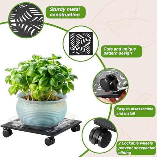 3 Packs 12" Metal Square Plant Caddy with Wheels Large Iron Rolling Plant Stand with Casters Heavy-Duty Plant Dolly Coaster Plant Pot Mover Roller Base for Indoor Outdoor, Black - Image 2