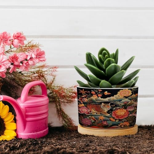 Animal Tiger Stripe Chinoiserie Planters Ceramic Orange and Coral Peony Flower Round Flower Pot with Drainage Holes and Bamboo Tray Pot for Home Office Desk Garden - Image 5