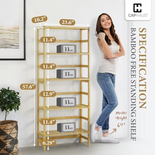 Fencer Wire 5-Tier Bamboo Shelf, Bamboo Open Storage Bookcase with Adjustable Layer, Freestanding Plant Display Stand, Multifunctional Storage Rack Stand for Bathroom, Bedroom, Kitchen, Natural - Image 3