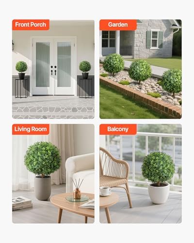 VEVOR Artificial Topiary Boxwood Trees with Ground Spike, 22 inch 2 Set Faux Shrubs & Bushes Potted Plants, Fake Silk Tree Look Real for Decor Front Porch Outdoor Indoor Patio Garden Balcony Backyard - Image 6