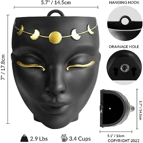 Head Planter - Indoor & Outdoor Home Decor Gifts for Plant Lovers - for Flat Surface or Wall Mount - Unique Face Planter for Flowers, Succulents, & More (7 inch, Luna Design, Black) - Image 3