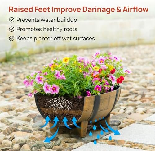 Gardenised 2-Piece Rectangular Half Barrel Flower Pots Rustic Farmhouse Style Faux Wood Planter Containers for Indoor & Outdoor Use Perfect for Displaying Decorative Garden Florals Herbs & Succulents - Image 3