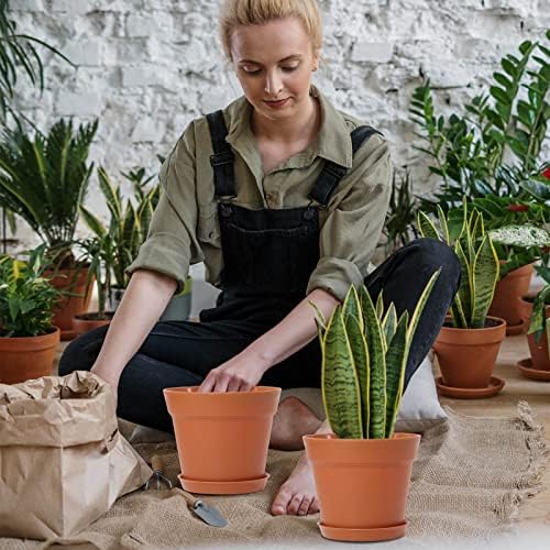 WOUSIWER 16 Pack 6 inch Plastic Planters, Plastic Indoor Planter Flower Pots, Heavy Duty and Stylish 6 Inch Plant Pots for Indoor Plants with Drainage Holes and Tray for Plants, Flowers, Terracotta - Image 6