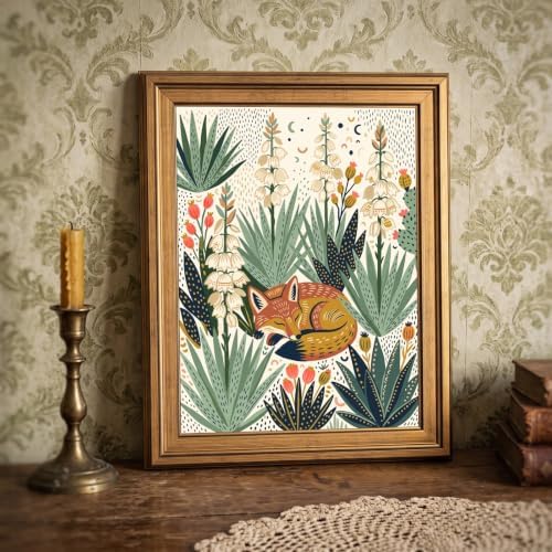 Framed Canvas Wall Art Bohemian Gouache Desert Foxes in Yucca Floral Pink and Yellow Canvas Print Poster Gold Frame Wall Decor for Living Room Southwestern Decor, Animal Art - Inch 16x20 - Image 6