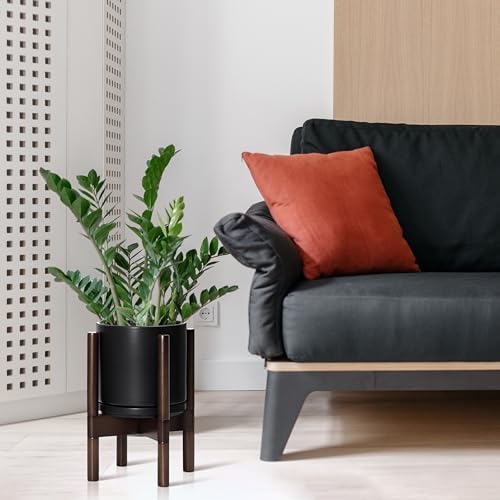 D'vine Dev Ceramic Pot with Walnut Wood Stand, Black, 8 in, 55-B-Y-2 - Image 2