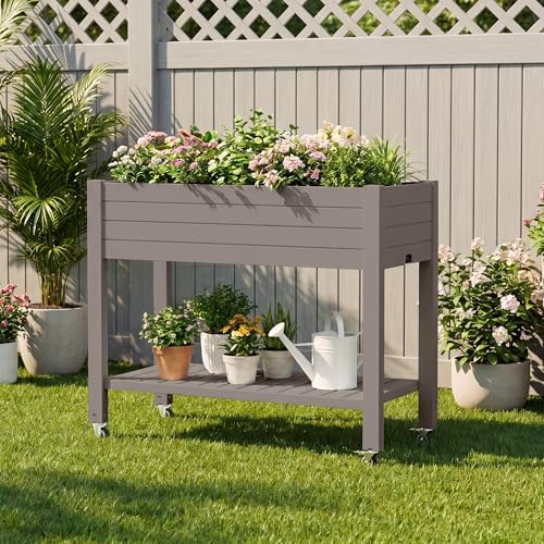 Raised Garden Bed with Shelf, Rolling Resin Planter Box, Gray - Image 2