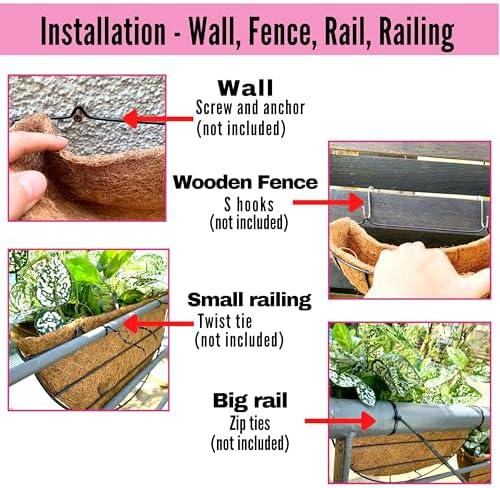 LaLaGreen Fence Wall Planter (14 in, 2 Pack) Black Coco Liner Baskets - Image 3