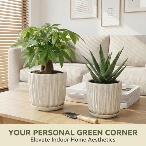 7.5 Inch Ceramic Planter Pot with Saucer Drainage Leak-Proof Mesh,Flower Pots for Indoor Plants with Gardening Gloves,Ceramic Planter (Silk White) - Image 2