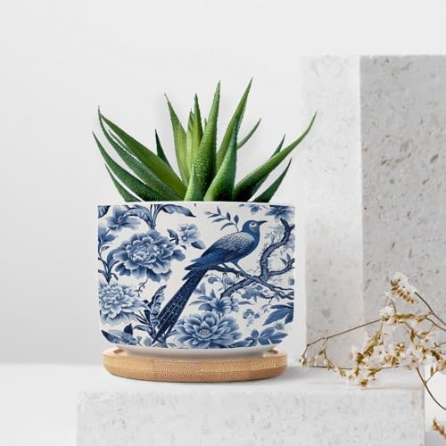 Blue Indigo Floral Chinoiserie Planter Ceramic Asian Navy Bird Round Plant Pot with Drainage Holes and Bamboo Tray Pot for Home Office Desk Garden - Image 7