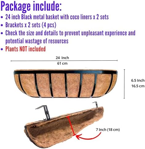 LaLaGreen Railing Planter Box (24 Inch, 2 Pack) Black Metal Rectangular Hanging Planters with Coco Liner, Flower Boxes Brackets for Deck Railings Outdoor Plants Over Rail Fence Balcony Patio Porch - Image 2