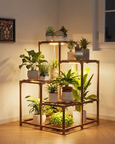 Bamworld 4-Pot Plant Stand with Grow Light Indoor Outdoor Corner Shelf Plant Holder Flower Stand Wood Plant Rack Indoor Multiple Plants Patio Balcony Garden Living room by Bamworld