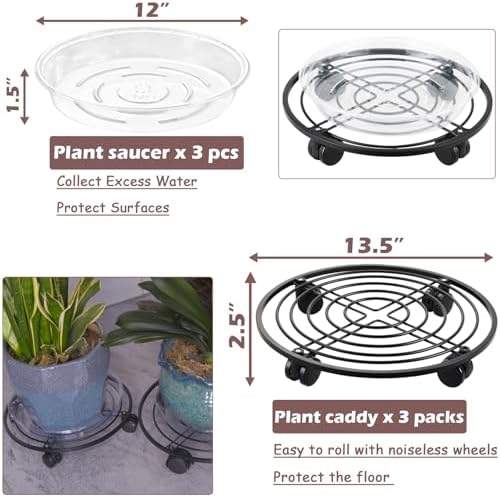 3 Packs 13.5" Metal Plant Caddy with Wheels Large Rolling Plant Stands Indoor Wheeled Plant Dolly Heavy-duty Planter Mover Roller Base Outdoor Plant Trolley Cart Water-proof, Plant Saucers on Wheels - Image 2