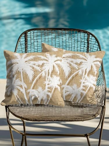 Tropical Palm Tree 18x18 Waterproof Outdoor Throw Pillows Set of 2 with Inserts, Vintage Tan Exotic Botanical Plants Patio Decorative Cushions for Outdoor Sofa Porch Garden Furniture - Image 4
