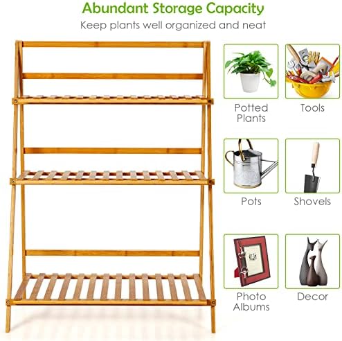 Giantex 3 Tier Folding Storage Shelf, Bamboo Ladder Plant Stand, Multiple Flower Pot Holder Succulent Display Rack, Foldable Shelving Unit for Balcony Garden Living Room Indoor Outdoor - Image 7
