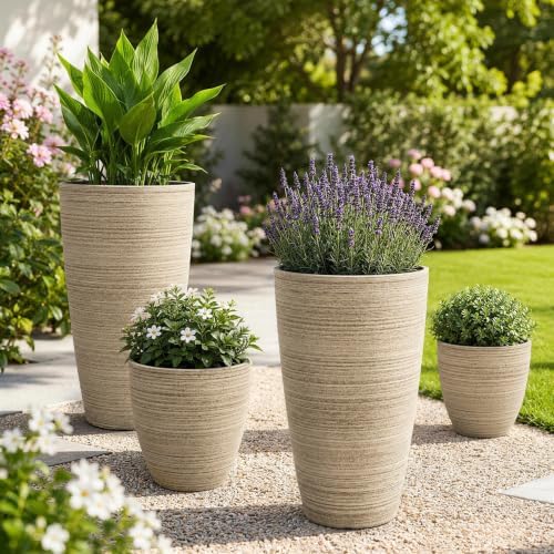 ZMTECH 4 Pack Plastic Planters 21/18/12/10in, Beige Faux Stone Finish Round Flower Pots with Drainage Holes & Saucers, Large Tall Plant Pots for Indoor Outdoor, Patio Garden Decor, Plant Containers - Image 5