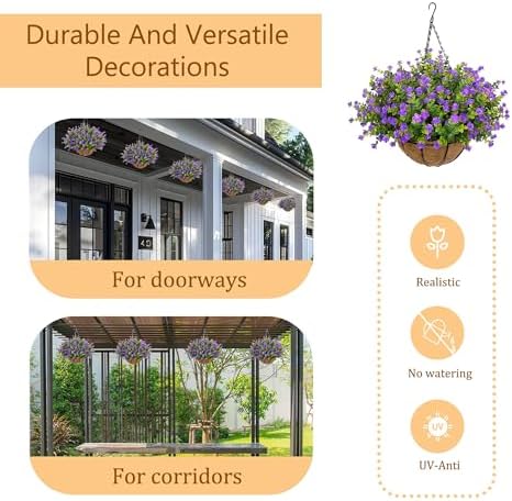 NETAP Artificial Hanging Flowers Basket for Outdoor, 16 Fake Flowers Look Real UV Resistant, Faux Hanging Plants for Porch, Balcony, Patio, Garden, Spring Summer Decor,Purple - Image 6