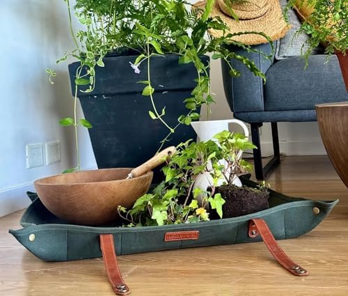 Plant Repotting Mat for Indoor Garden, Thickened Canvas Plant Transplanting Mat Waterproof, Portable and Foldable Gardening Mat for Potting Soil Mess Control, Brass Corner Snaps (Green, 30 x 30) by FleurDuBien