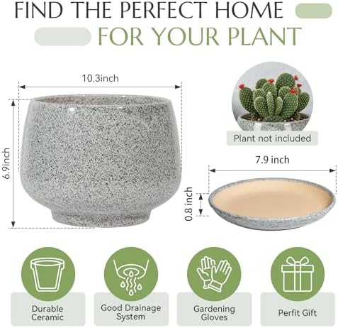 10.3 Inch Flower pots for Indoor Outdoor Plants with Saucer Drainage Leak-Proof Mesh, Ceramic Planter with Gardening Gloves for Succulent and Flower (Gray White) - Image 6
