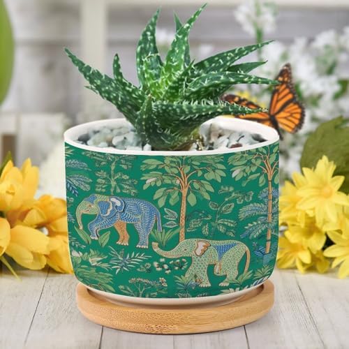 Animal Green Chinoiserie Planters Ceramic Asian Thailand Elephant Floral Round Flower Pot with Drainage Holes and Bamboo Tray Pot for Home Desktop Office Windowsill - Image 6