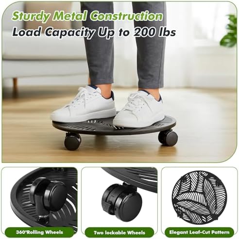 Planterhoma 1 Pack 15 Inch Large Metal Plant Caddy with Wheels Heavy-Duty Rolling Plant Stand with Casters Flower Pot Mover Roller Base Flower Pot Dolly Coaster Trolley, Tropical Leaf - Image 4