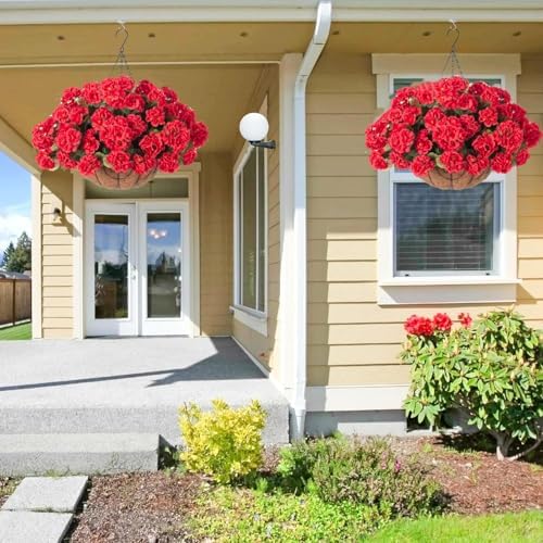 INSPRING Geraniums Artificial Flowers Hanging Basket for Outdoors Outside Decoration, 8 Bundles Silk Flowers Fake Plants Look Real UV Resistant for Porch Home Patio Balcony Yard, Red - Image 3