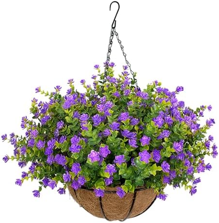NETAP Artificial Hanging Flowers Basket for Outdoor, 16 Fake Flowers Look Real UV Resistant, Faux Hanging Plants for Porch, Balcony, Patio, Garden, Spring Summer Decor,Purple by NETAP