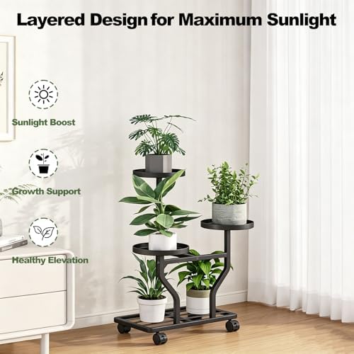 Plant Stand with Wheels, Black 3 Tier Metal Plant Shelf for Indoor Outdoor - Image 6
