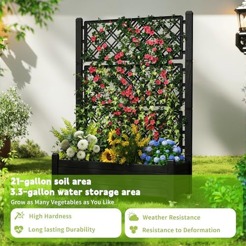 PatioZen Raised Garden Bed with Trellis, 21 Gallon Self Watering Planter Box with Lockable Wheels & Drainage Holes for Climbing Plants Vegetables Flowers, Anti-Rust Resin for Backyard Patio (Black) - Image 6