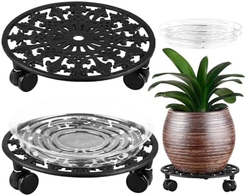 2 Pack Plant Caddy with Wheels, PlanterHoma 11 Inch Metal Plant Stand with Wheels Heavy Duty Wrought Iron Plant dolly Rolling Stand Plant Roller with Casters for Indoor and Outdoor with 2 Pack Plant Saucers by Planterhoma