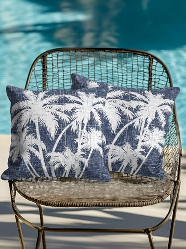 Outdoor Pillows Waterproof Set of 2, Tropical Palm Tree Patio Throw Pillows for Couch Bed Sofa with Insert, Vintage Dark Blue Exotic Botanical Plants Decorative Reading/Camping Pillow Set 18x18 Inch - Image 4