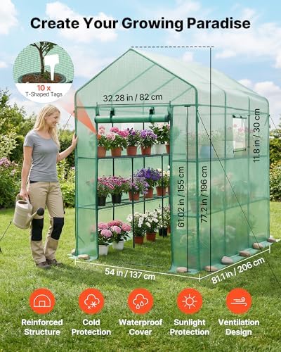 VEVOR Walk-in Greenhouse, 54" x 81.1" x 77.2" Greenhouse for Outdoors with Windows, PE Cover, 2 Tiers 14 Shelves, Roll-Up Zipper Door, Walk in Green House, Portable Plant Garden Hot House for Backyard - Image 2
