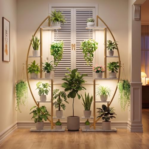 BACEKOLL Plant Stand Indoor with Grow Lights, 6 Tiered Tall Plant Shelf, 63" Metal Plant Stand for Indoor Plants Multiple, Half-Moon Plant Rack Display Shelf, 2 Pcs Plant Holder for Living Room (Faux Marble White + Gold) - Image 2