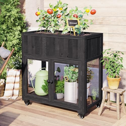 Patio Mini Wood Cold Frame, Compact 2 Doors Garden Greenhouse with Wheels, Raised Bed with Liner for Indoor Outdoor Use, Black 35.4''x17.7''x37.4'' by Htftmy