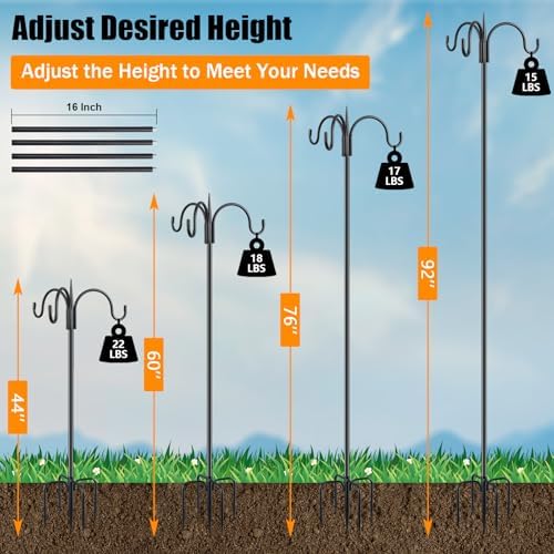 FEED GARDEN Heavy Duty Shepherds Hook 92" Triple Hooks - Metal 5-Prong Base, Adjustable (44/60/76/92") - 15lb Capacity Bird Feeder Pole for Hanging Plants, Solar Lanterns, Wind Chimes, 1 Pack - Image 4