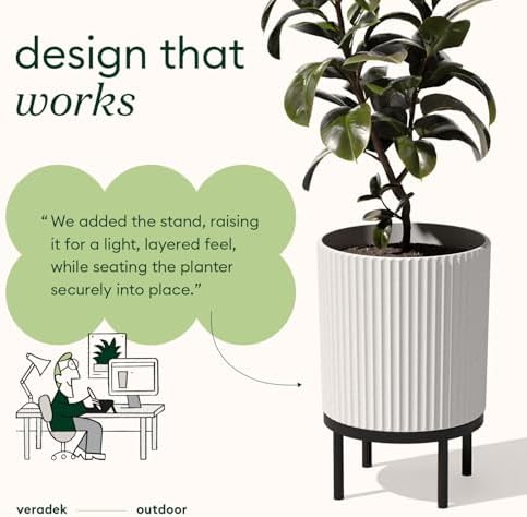 Veradek Demi Series Round Planter w/ Stand for Porch/Patio | Durable Plastic-Concrete & Wooden Stand | Modern Décor for Tall Plants, Flowers - Image 5