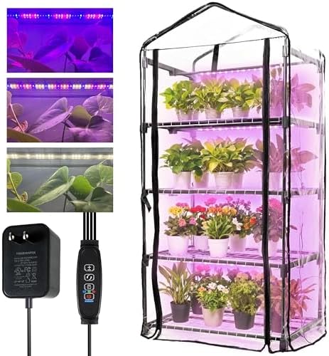 Indoor Greenhouse with Grow Lights, 4-Tier Mini Greenhouse w/Multiple Modes Plant Lights & Waterproof Base Mat & Zippered Door, Walk-in Green House for Growing Plants, Seed Starting, Seed Tray by TENTOPMIC