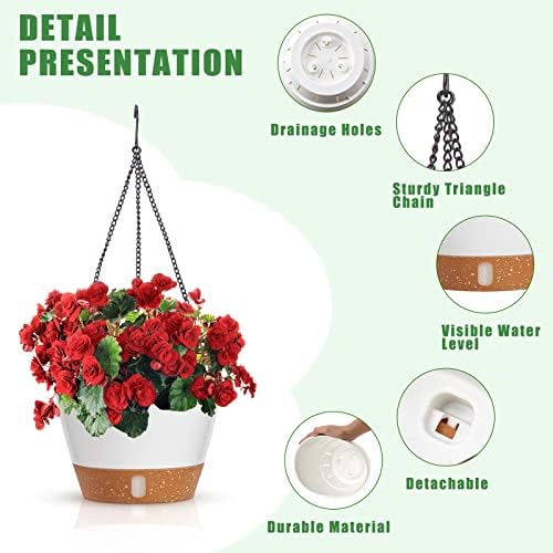 Amyhill 6 Pcs 8 Inch Hanging Planter for Indoor Plants Self Watering Hanging Pot Baskets with Drainage Hole Visible Water Level Tray with Hooks for Garden Outdoor(White) - Image 3