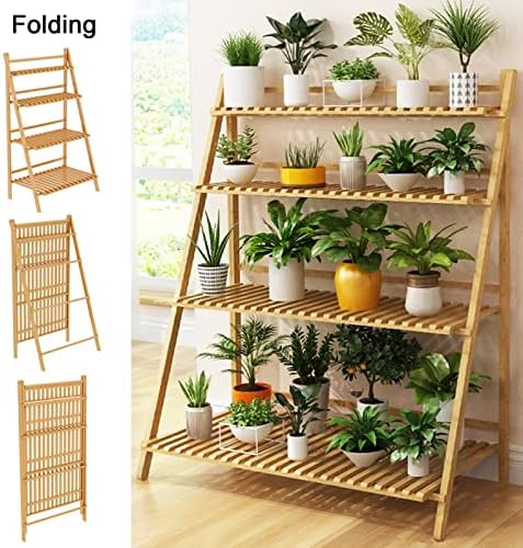 4-Tier Ladder Plant Stand, Multi Plant Pot Holder Bamboo Garden Shelves Storage Organizer Rack, 4 Colors Folding Flower Plant Stand Display Rack for Patio Garden Living Room - Image 2