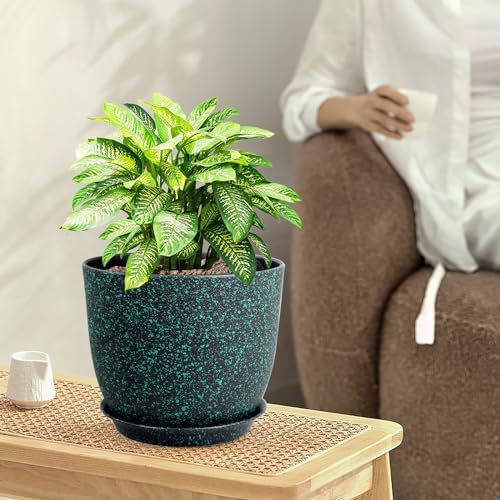 WSMKSZ Large Flower Pots 12/10/9 inch, Set of 3 Decorative Plastic Planters with Drainage Holes and Saucers for Garden House Plants, Plant Pots for Indoor Outdoor Plants, Black with Green Speckles - Image 2