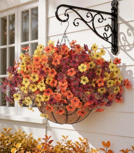 HyeFlora 2 Set Artificial Outdoor Faux Fall Mums Hanging Flowers Plants Basket Outside, 14 Bundles Fake Silk Daisy Fern in Planter UV Resistant for Autumn Porch Balcony Patio Yard Decor, 3 Colors Mix - Image 5