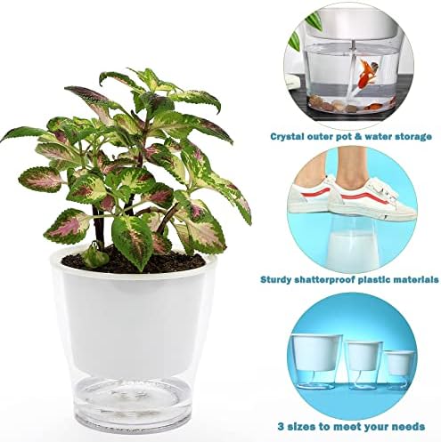 6 Pakcs Self-Watering Planters for Indoor Plants 7"/ 5.1"/ 4.3" Clear African Violet Pots Plastic Orchid Pots Wick Flower Pots, Large, Medium and Small Sizes, Home Decor Pot - Image 2