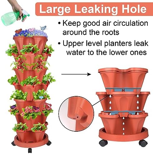 GameXcel Vertical Planter Tower - 7 Tier Stackable Garden Planters with Wheels and Garden Tool Set Plant Pots for Strawberry Herb Flower and Vegetable Indoor Outdoor Use Red - Image 3